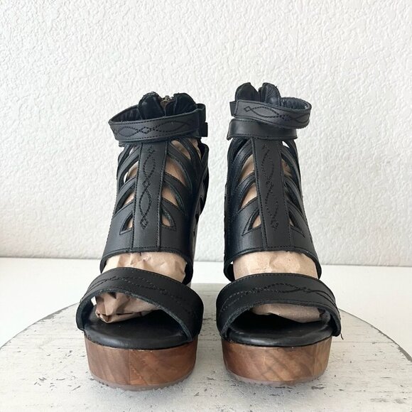 Lane Boots BECCA Womens Black Wedges 7.5 Western Sandals Cowgirl Leather Heels - Picture 5 of 11